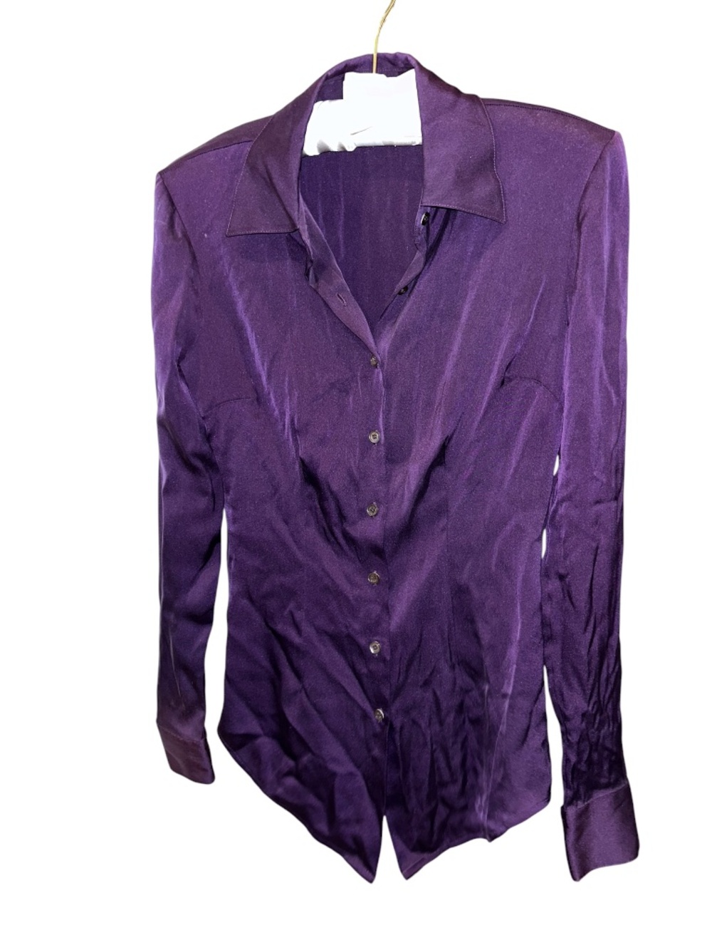 Barneys New York 100% silk eggplant purple button up blouse top shirt XS